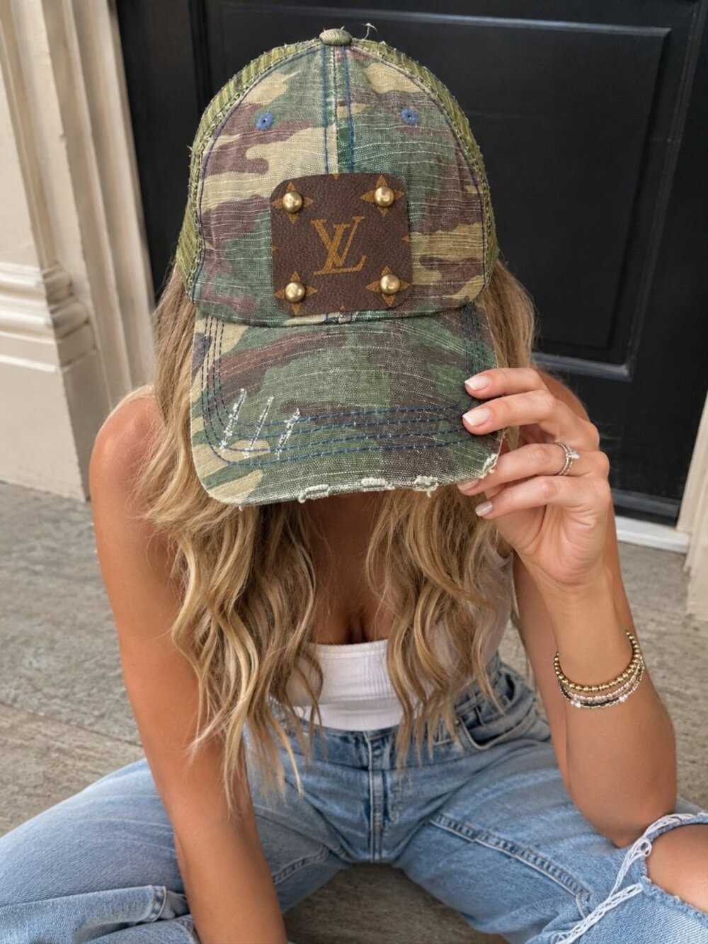Distressed Camo Mesh Trucker Hat w/ Monogram Patch Accent Adjustable One Size